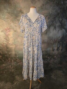 In Loom Floral Tie Neck Tassel Midi Dress Blue Lemon Multi S